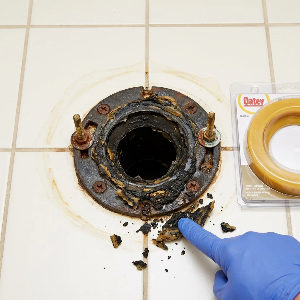 Failed wax ring showing water seepage at the base of a toilet in a Big Lake, AK home