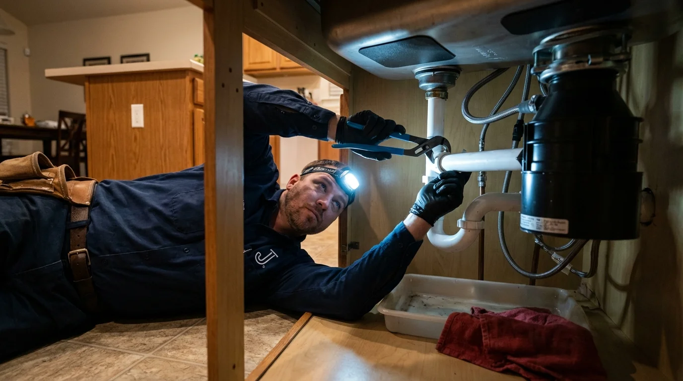 P-trap and supply line connections under a kitchen sink showing a common leak point in Big Lake, AK